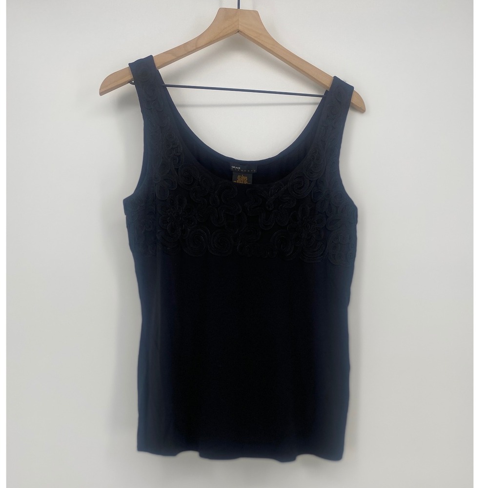 Grace Elements Tank Top L Black Embroidered Scoop Neck Sleeveless NWT